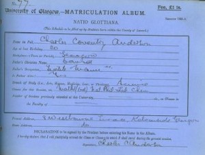 Matriculation slip 1908-09 - by courtesy University of Glasgow