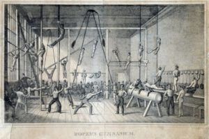 Roper’s gymnasium in Philadelphia, c.1831, which gives a good idea of the activities and equipment available in Foucart’s gymnasium at the Andersonian University. (Image courtesy of The Library Company of Philadelphia).
