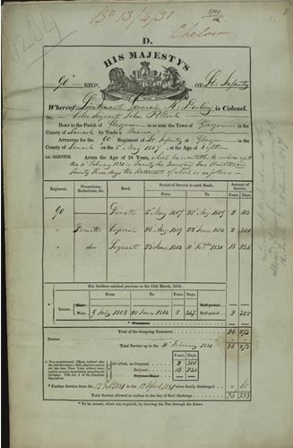 John Pollock - Service Records
A Royal Coat of Arms can be seen at top of image with 'His Majesty's' written above it.  There is a table, which cannot be clearly seen, detailing years and days service