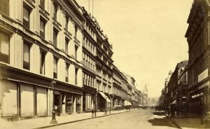 The bottom of Buchanan Street looking north c1880. Stewart and MacDonald’s warehouse is nearest the camera on the left followed by that of David Kemp & Son.