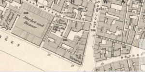 Extract from Ordnance Survey 25” to the mile 1st edition. Lanarkshire VI 11 published 1860. Reproduced with the permission of the National Library of Scotland James Menzies’s property was located in the block in the centre of the image, facing on to Stockwell Street to the east and with access to Ropework Lane to the west and the unnamed Ropework Entry to the north.
