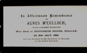 Bereavement Card for Agnes McCulloch, widow of Robert McCallum and buried in the Glasgow Necropolis