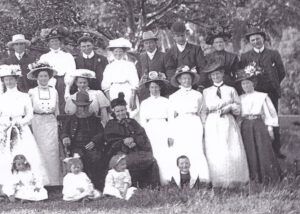 Duncan (right back row) and wife, Josephine (second from right front row) at a country wedding at Leeston, Canterbury, New Zealand, 1909