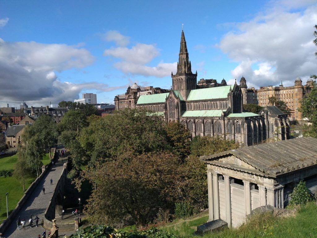 Image showing the location of Glasgow Necropolis. Glasgow Cathedral and Glasgow Royal Infirmary can be seen right of image, The Bridge of Sighs can be seen to left