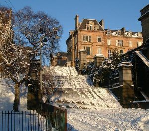 The colossal stairway leading from Clifton Street to Park Terrace, built from granite supplied by William Sim in 1855. Snow covers the steps