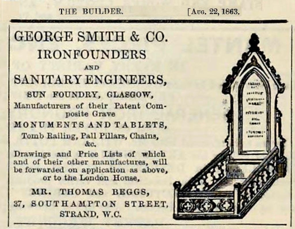 Advert in The Builder architectural periodical promoting George Smith & Co.’s cast iron products, including their recently introduced range of cemetery monuments, in 1863.