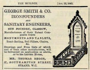 Advert in The Builder architectural periodical promoting George Smith & Co.’s cast iron products, including their recently introduced range of cemetery monuments, in 1863.