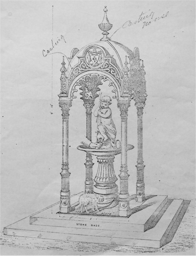 The Sun Foundry drinking fountain outside Alexandra Park, Glasgow, c. 1870s. The fountain illustrated in the foundry’s trade catalogues.