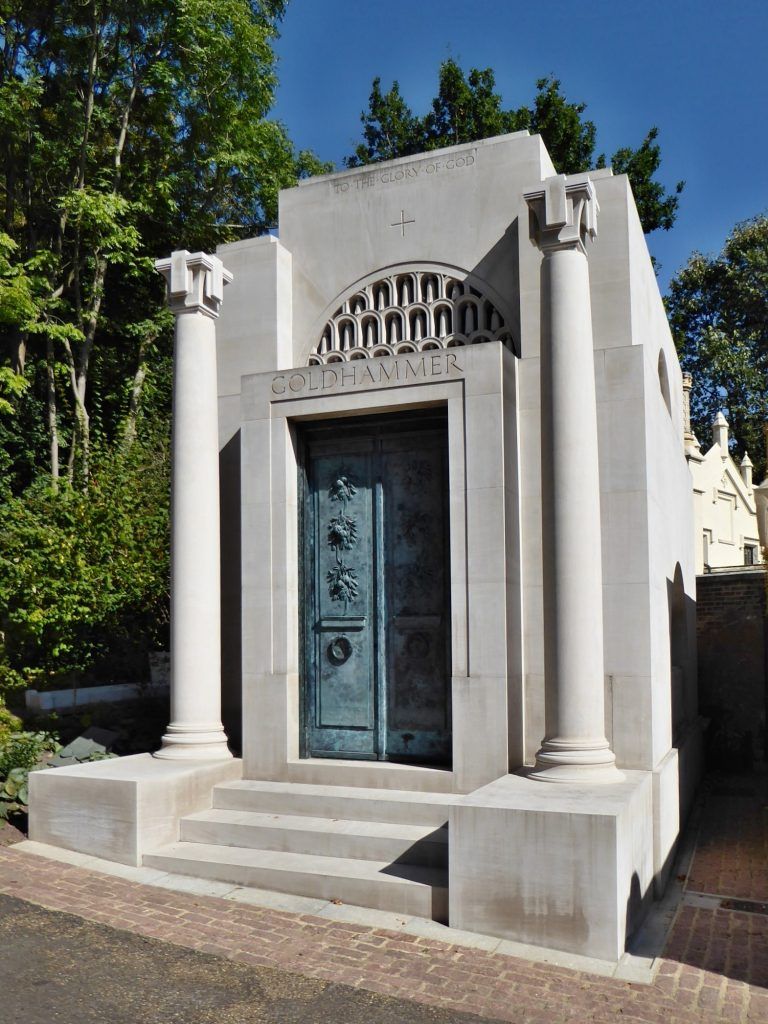 The new Goldhammer Mausoleum in the West Cemetery;  the interior sculpture is by  Alexander Stoddart, Sculptor in ordinary to H. M. the Queen in Scotland and Patron of the Friends of Glasgow Necropolis