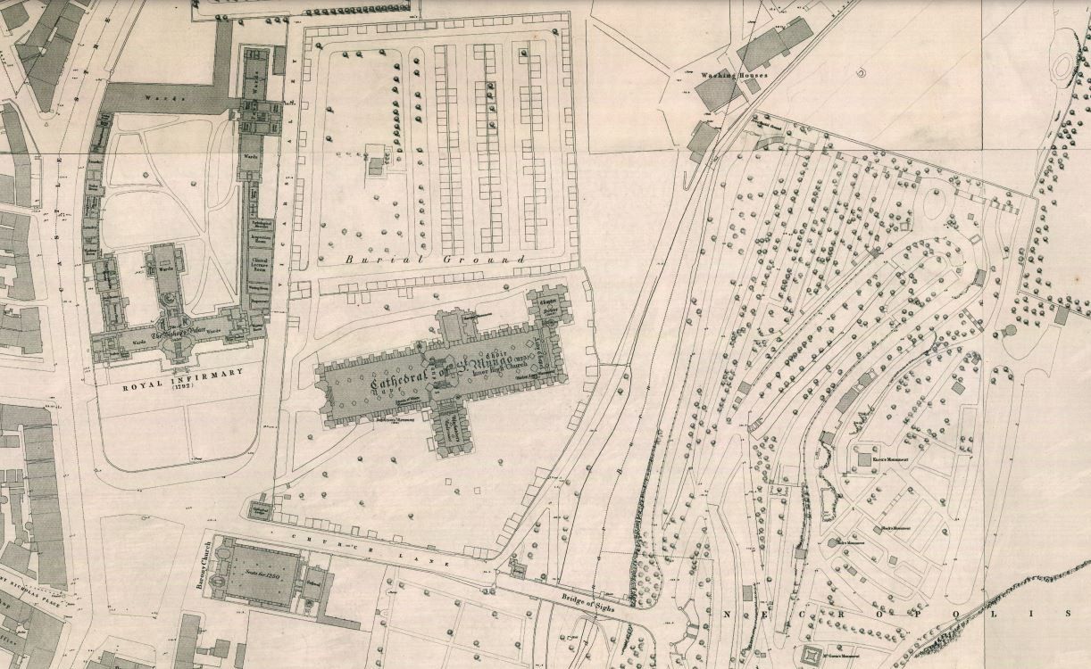 This 1857 large scale town plan of Glasgow shows the washing houses of the society on the west bank of the Molendinar opposite the Jews Burial Ground. [maps.nls.uk]