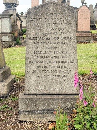 Buried along with Hamilton are his nieces Isabella and Margaret Fraser, Margaret’s husband John T Duncan and their daughter Barbara W Duncan