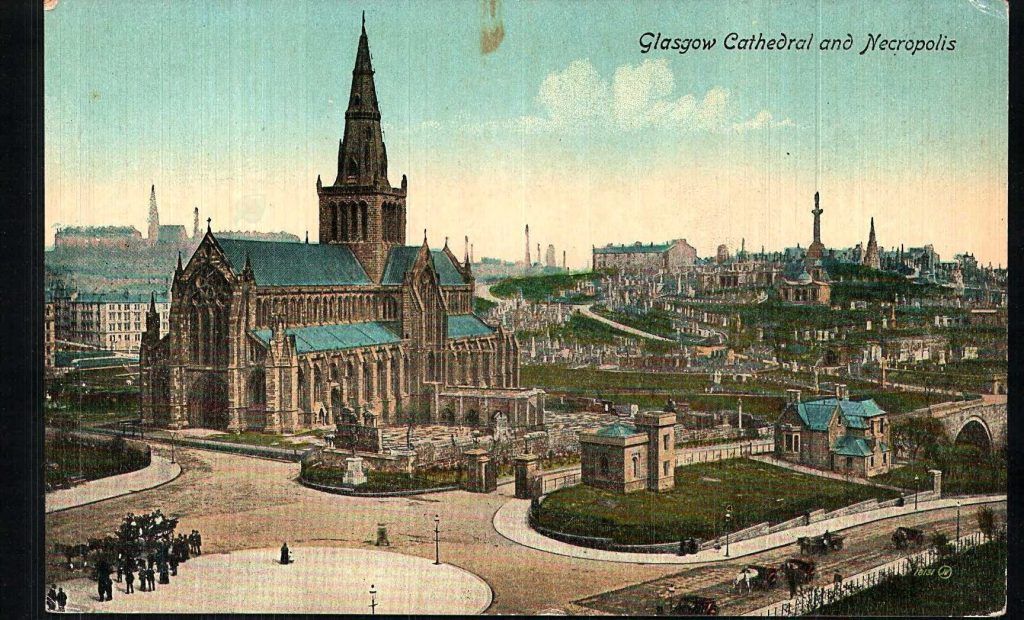 This Valentine’s postcard of after 1890 shows the entrance gates to the Necropolis in their present position with the lodge to their right and the 1858 Superintendent’s House behind.