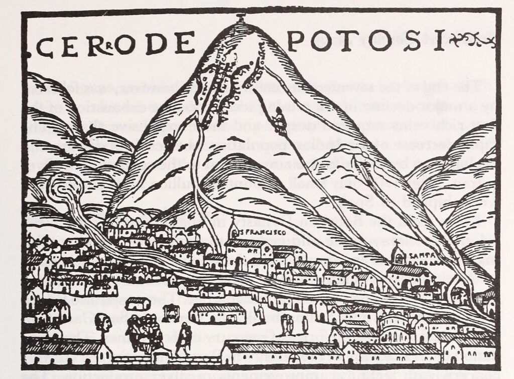Woodblock print of Potosi Hill. The image appeared in Peru: a country study (1993) by the Federal Research Division, Library of Congress