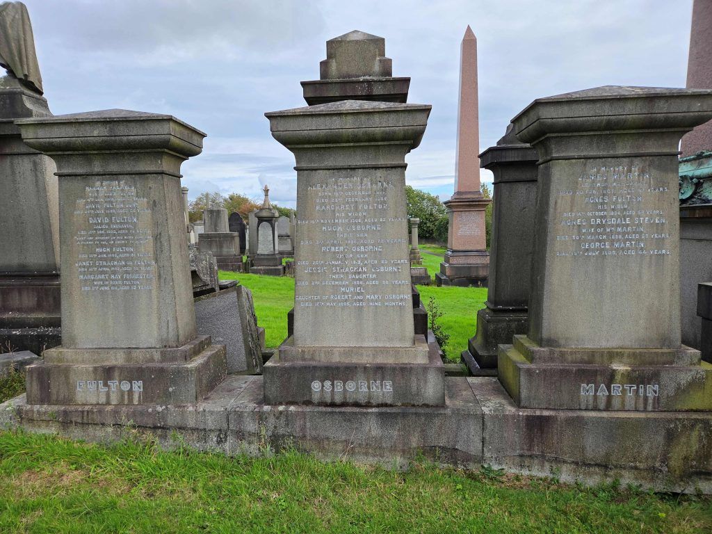 From left to right: Fulton, Osborne, Martin
The central stone commemorates Margaret Fulton and Alexander Osborne who play no part in this story.