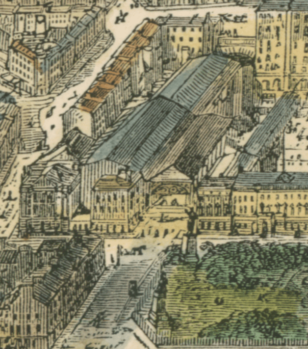 This view of Queen Street Station from Sulman’s Bird’s Eye View of Glasgow, 1864 shows the station on the northwest corner of George Square before its current Category A listed iron and glass train shed was built 1878-1880. You can just see the exit from the tunnel where James was unfortunately killed.